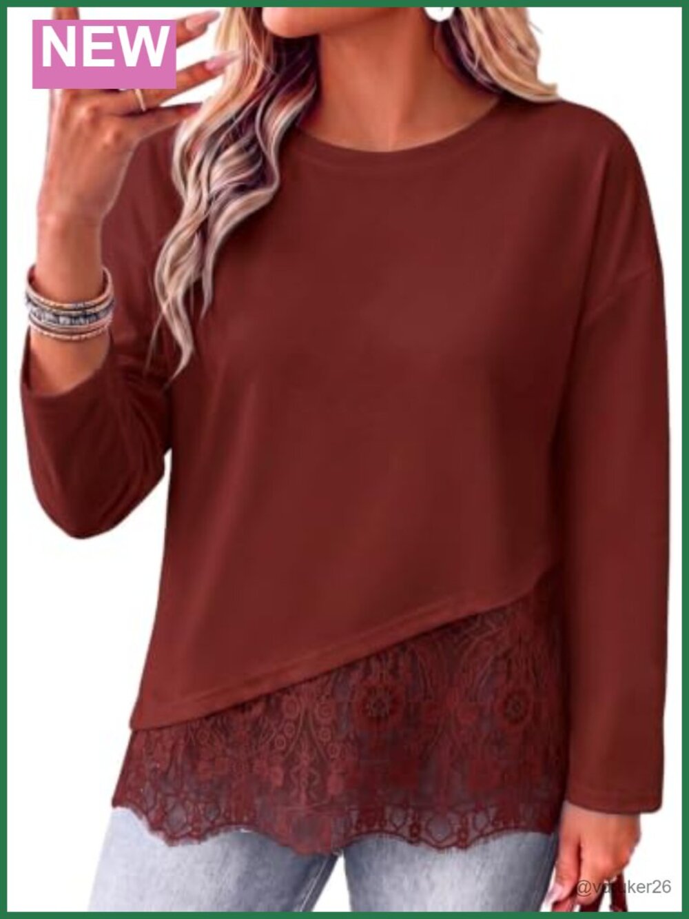 Womens Plus Size Lace Patchwork Long Sleeve Crew Neck T-Shirt Top